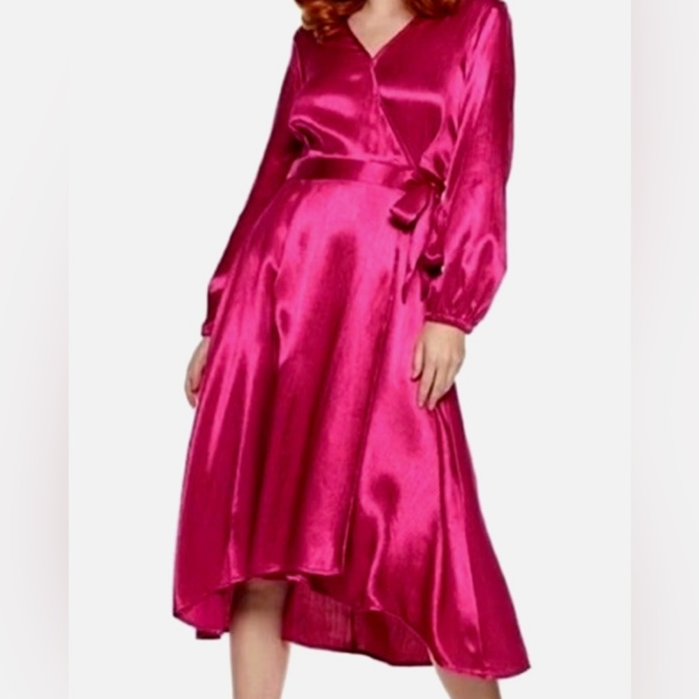 GUC Nine West Long Sleeve High Low Wrap Dress Size XL Bright Magenta